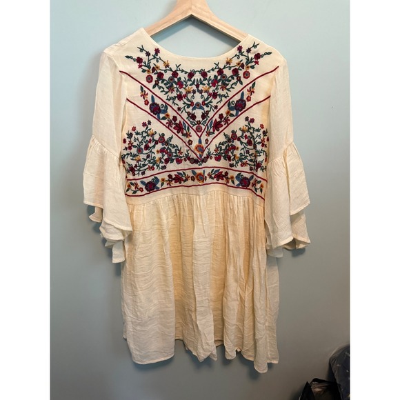 Umgee Dresses & Skirts - Umgee USA Boho Floral Embroidered Ruffle Bell Sleeve Gauze Dress Cream Medium